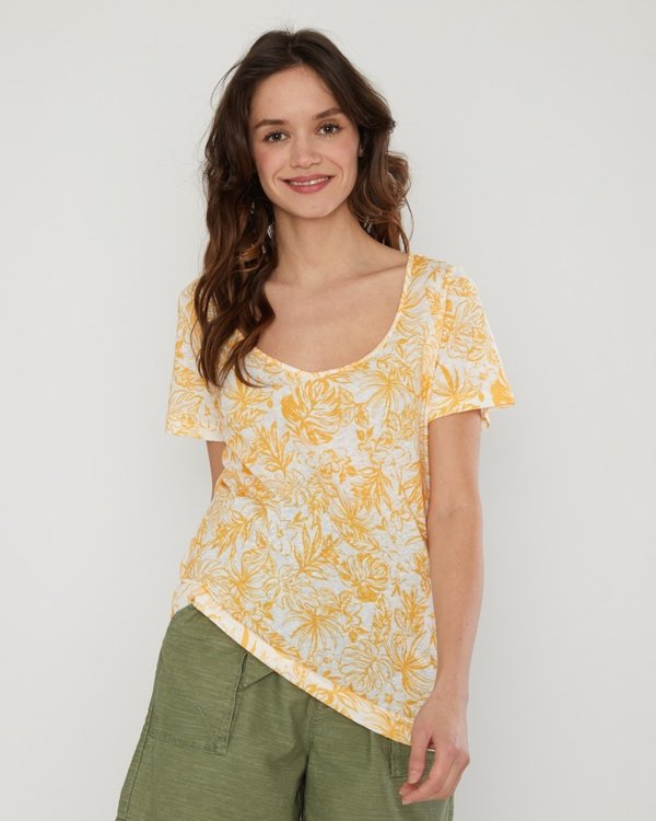 T-shirt manches courtes imprimé floral lin orange