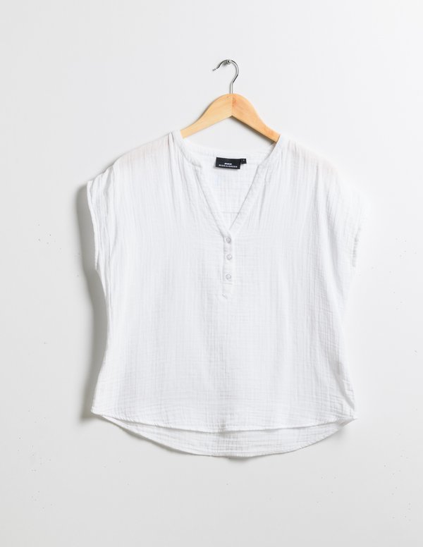 Top manches courtes uni col V à boutons en coton blanc Top manches courtes uni col V à boutons en coton blanc