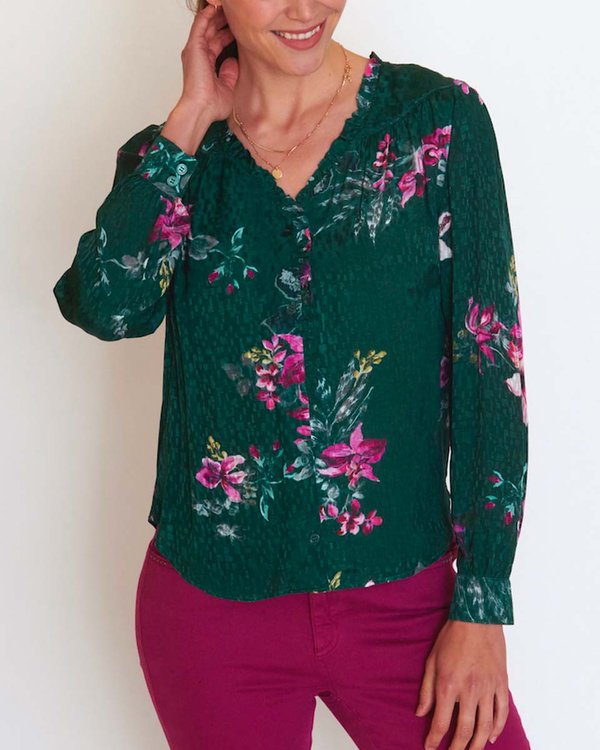 Chemisier manches longues imprimé fleuri en jacquard viscose vert Chemisier manches longues imprimé fleuri en jacquard viscose vert