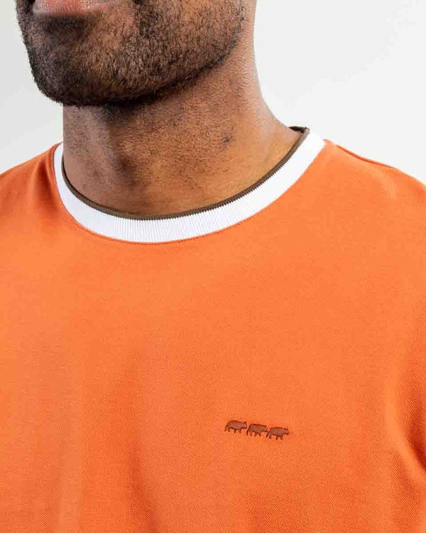 T-shirt uni col et manches contraste en coton marron