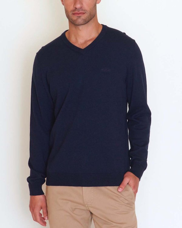 Pull Gabin regular manches longues uni col V coton cachemire bleu Pull Gabin regular manches longues uni col V coton cachemire bleu