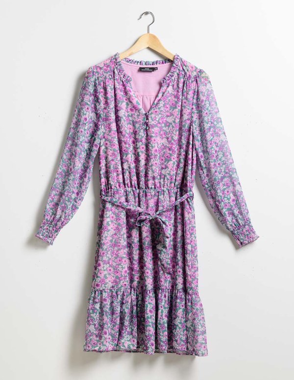 Robe imprimée col V à fleurs manches longues vert