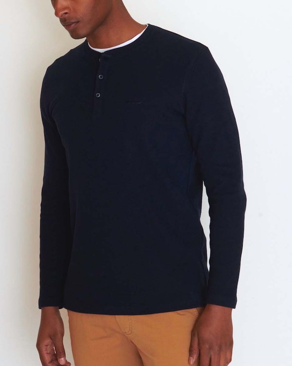 T-shirt manches longues uni col tunisien 100% coton bleu T-shirt manches longues uni col tunisien 100% coton bleu