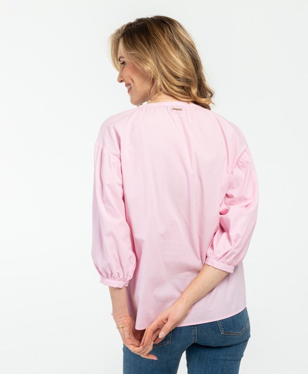 Chemisier uni col V manches 3/4 en coton rose