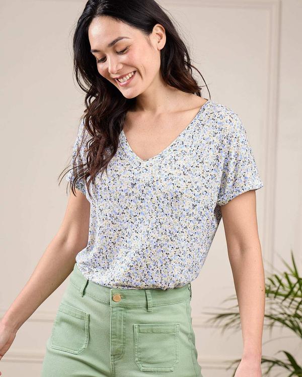 T-shirt lin et viscose bleu