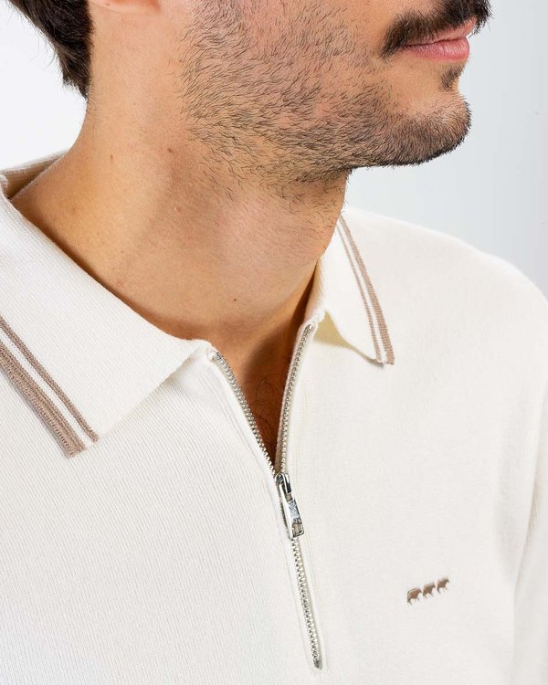 Pull manches longues col zippé style polo blanc
