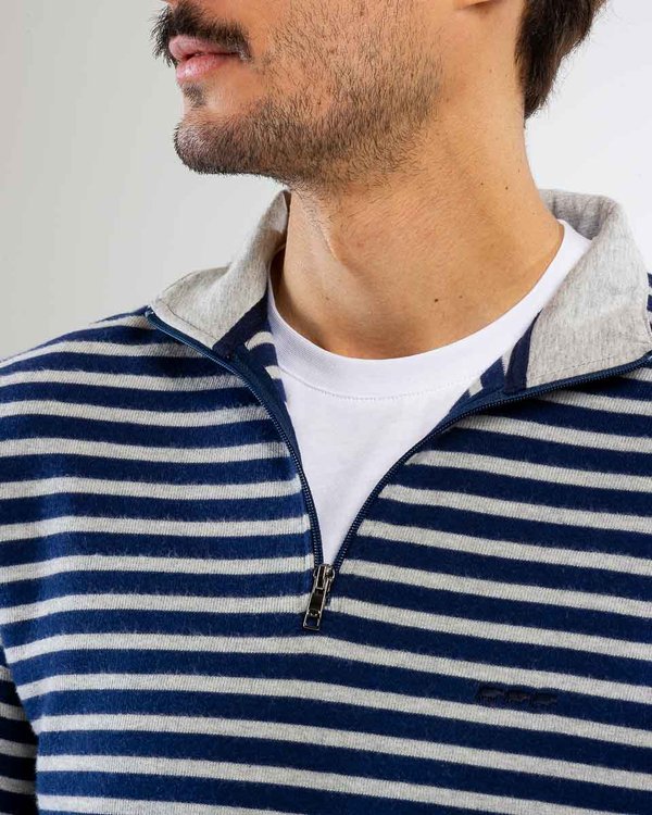 Sweat rayé bicolore manches longues en coton bleu