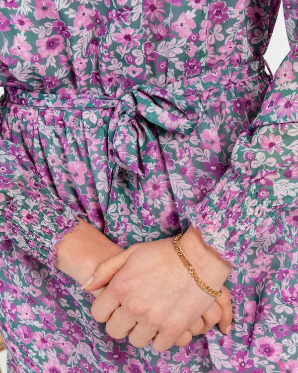 Robe imprimée col V à fleurs manches longues vert
