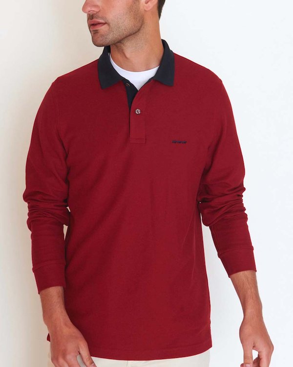 Polo bicolore à manches longues regular fit en coton rouge