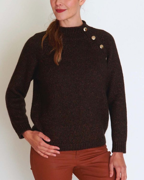 Pull à col montant boutonné uni maille moulinée beige Pull à col montant boutonné uni maille moulinée beige