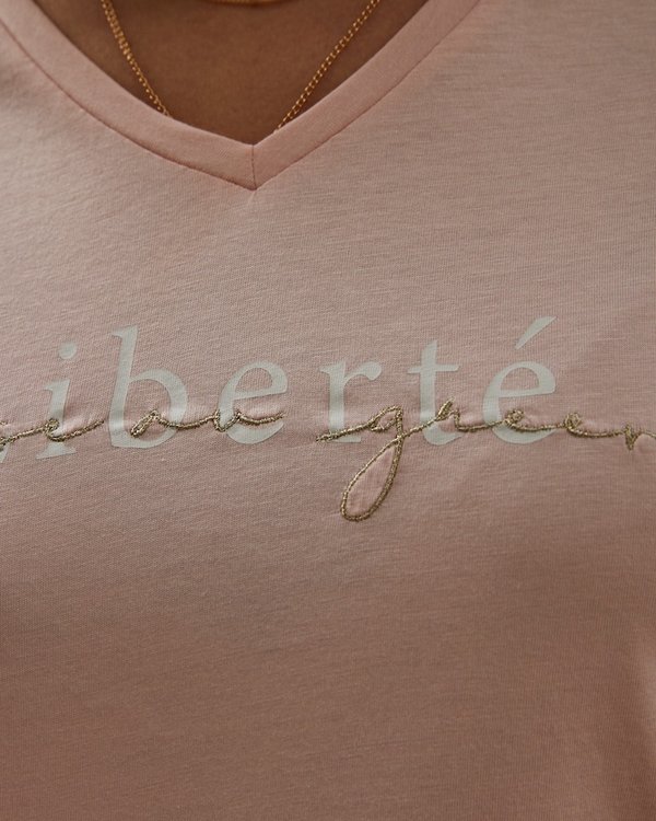 T-shirt à message broderie à manches courtes col V rose T-shirt à message broderie à manches courtes col V rose