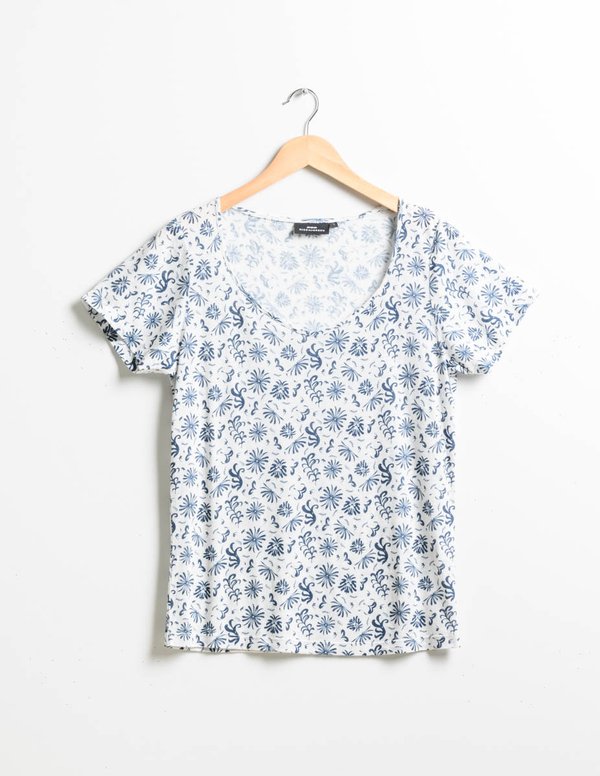 T-shirt imprimé fantaisie col V à manches courtes bleu
