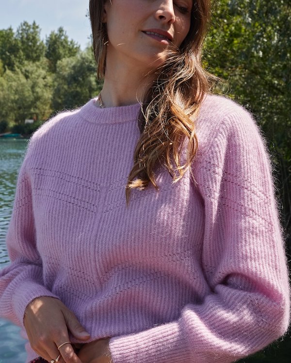 Pull col rond uni maille ajourée laine mohair rose