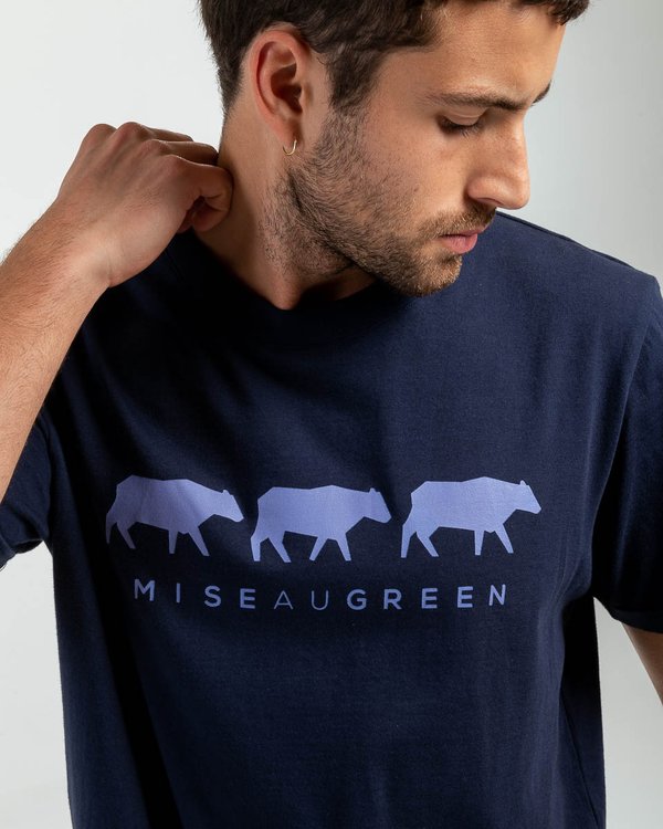 T-shirt manches courtes sérigraphie 3 vaches en coton bleu