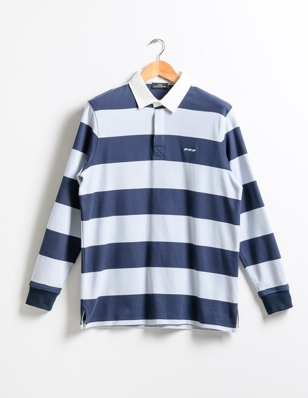 Sweat rayé col polo style rugby en coton bleu