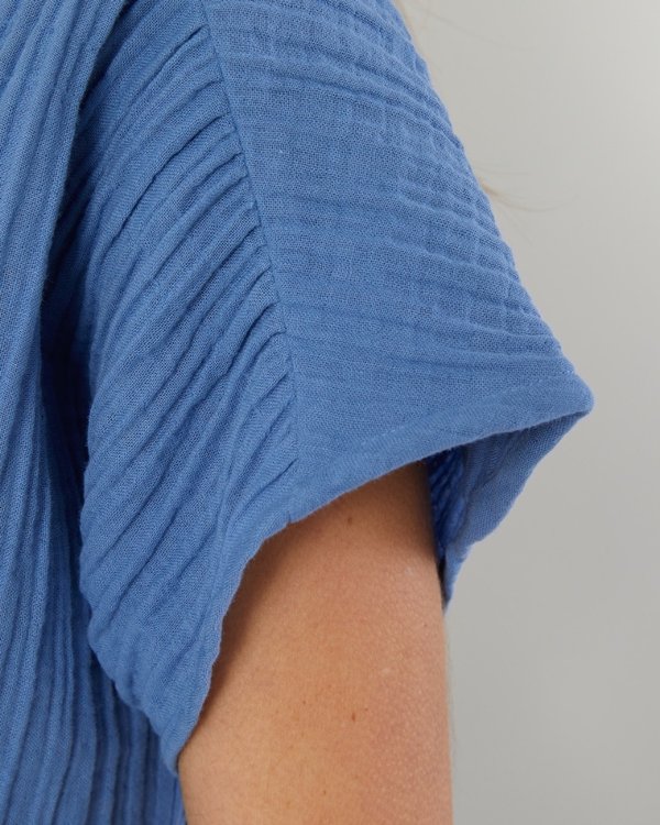 Robe chemise unie en gaze de coton bleu