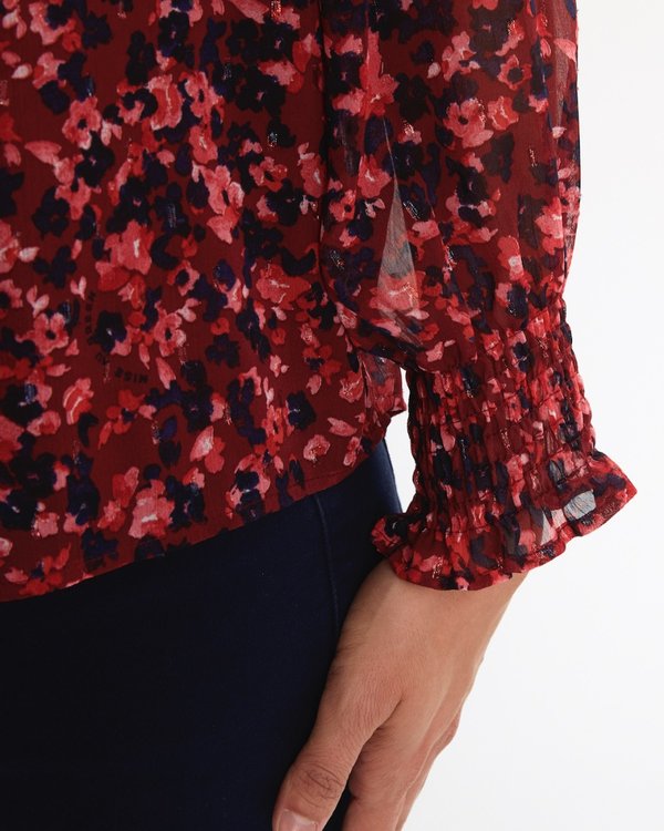 Blouse imprimée à fleurs manches ballons épaules smockées rouge Blouse imprimée à fleurs manches ballons épaules smockées rouge