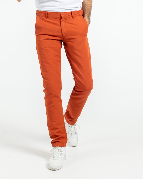 Pantalon chino uni coton et lin marron