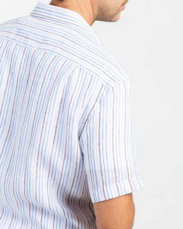 Chemise manches courtes à rayures verticales en lin bleu