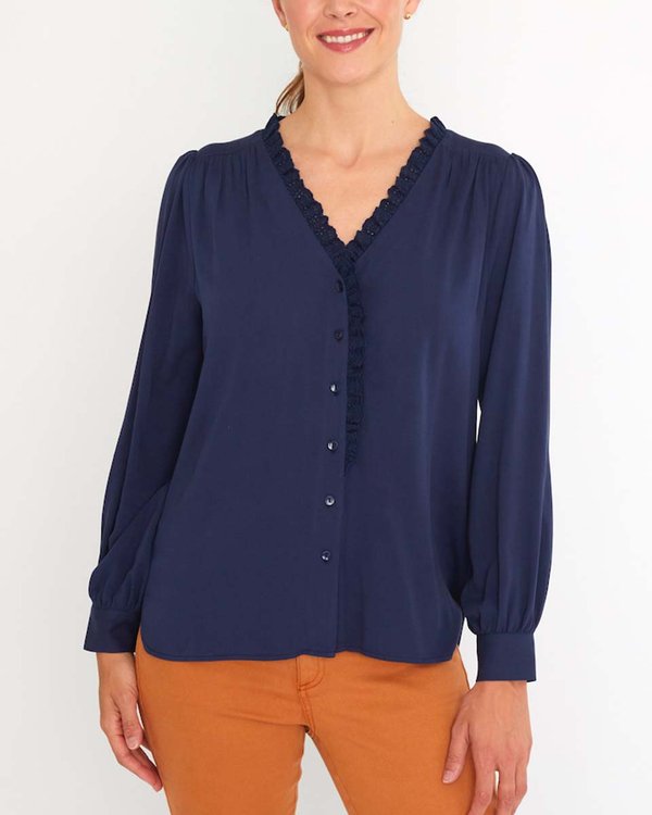 Chemisier uni boutonné détails broderies manches longues bleu Chemisier uni boutonné détails broderies manches longues bleu