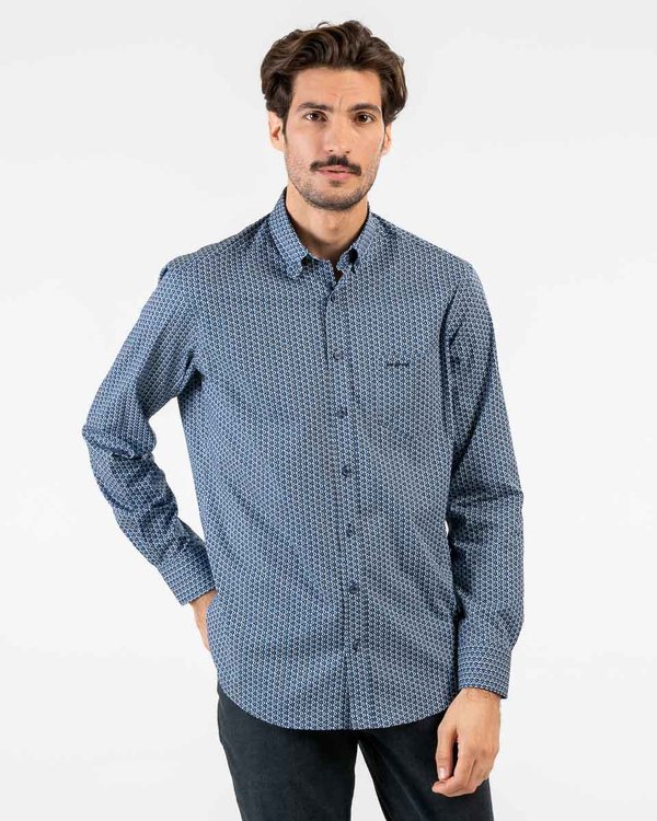 Chemise à manches longues micro motifs regular fit en coton bleu