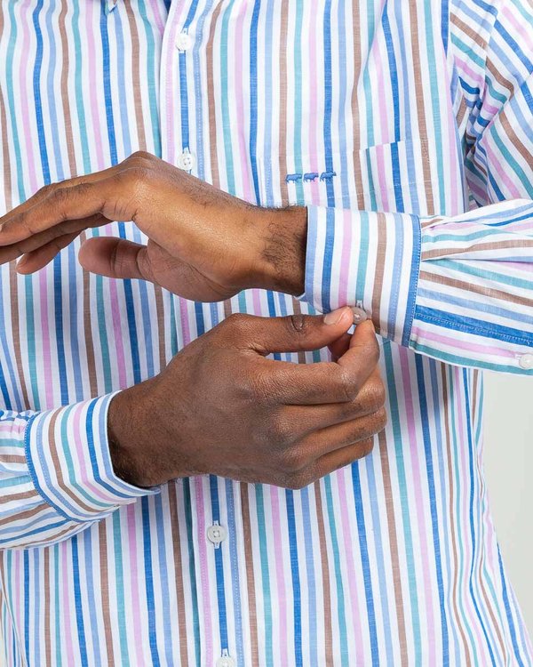 Chemise coton rayures colorées à manches longues blanc