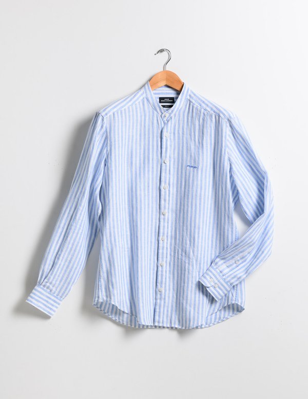 Chemise col mao unie à manches longues en lin bleu Chemise col mao unie à manches longues en lin bleu