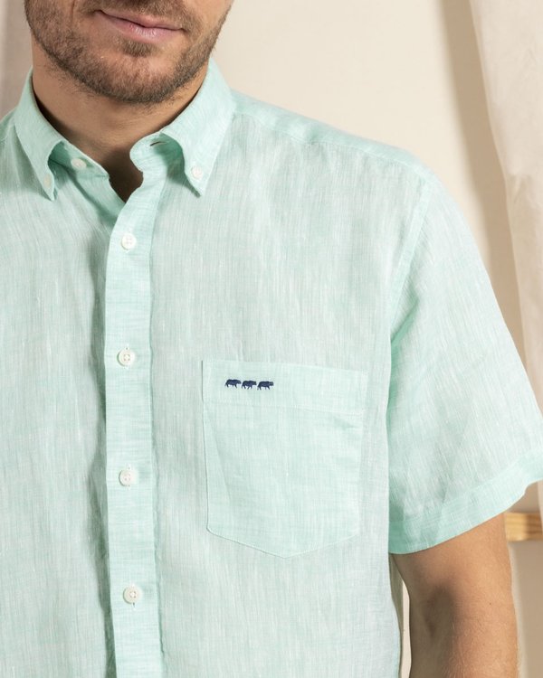 Chemise en lin regular fit unie à manches courtes vert Chemise en lin regular fit unie à manches courtes vert