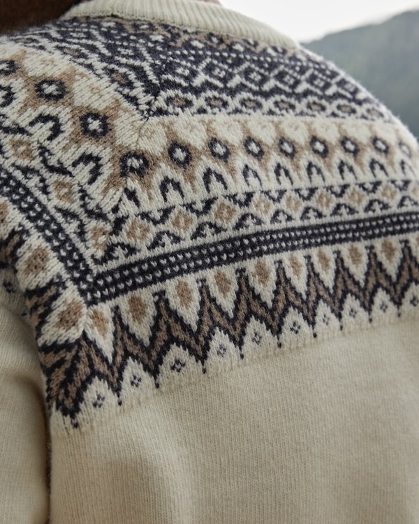 Pull col rond jacquard motif intarsia 80% laine lambswool blanc