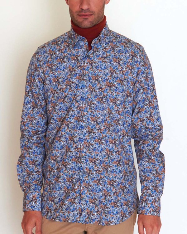 Chemise popeline à fleurs manches longues coupe modern fit en coton bleu