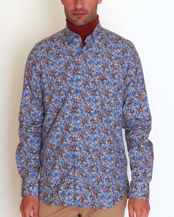 Chemise popeline à fleurs manches longues coupe modern fit en coton bleu Chemise popeline à fleurs manches longues coupe modern fit en coton bleu