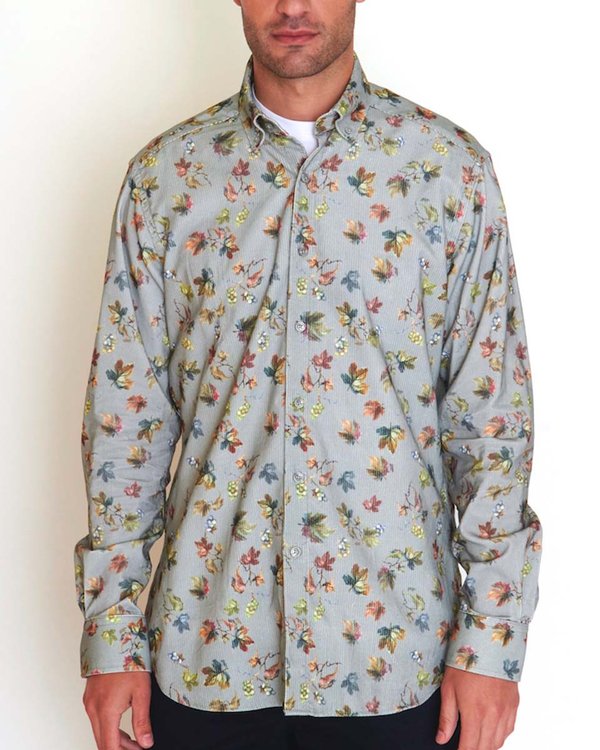 Chemise manches longues motifs feuilles d'automne en coton gris Chemise manches longues motifs feuilles d'automne en coton gris