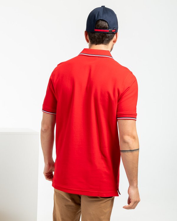 Polo manches courtes détails tricolores en coton rouge Polo manches courtes détails tricolores en coton rouge