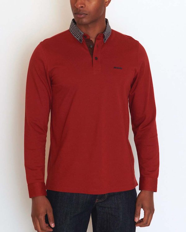 Polo manches longues col chemise à motifs rouge