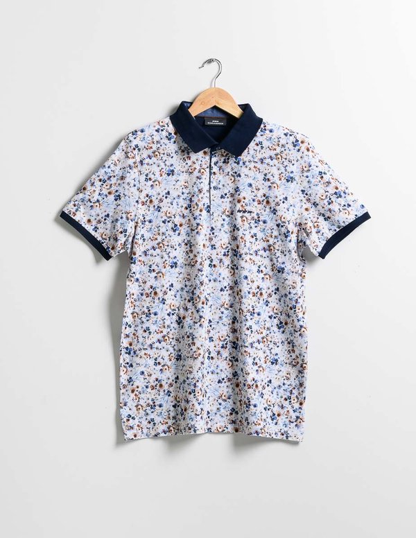 Polo piqué regular fit à manches courtes fleuri en coton blanc