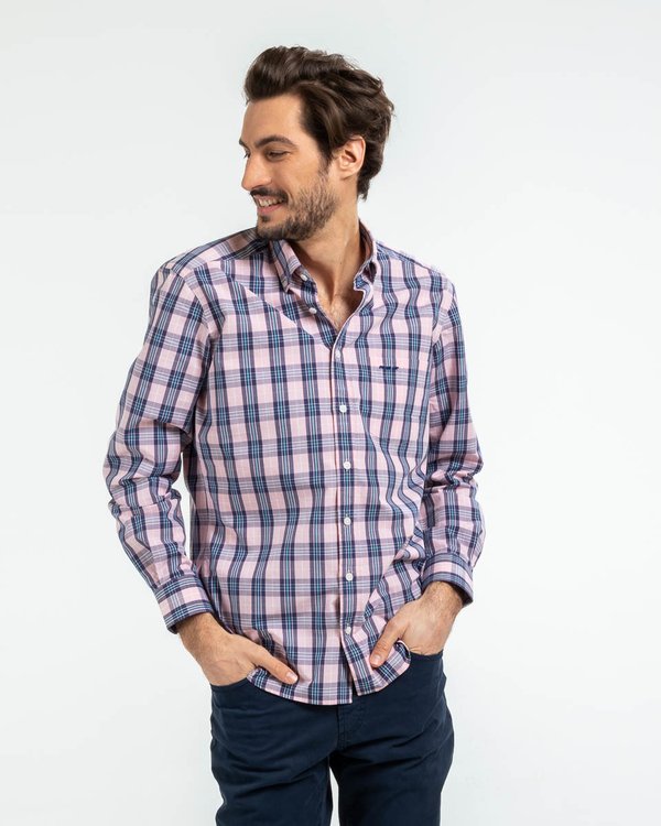 Chemise à carreaux regular fit à manches longues rose