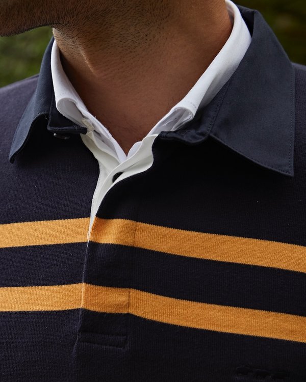 Pull à rayures tricolores esprit polo rugby en jersey bleu Pull à rayures tricolores esprit polo rugby en jersey bleu