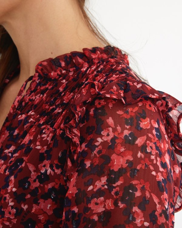 Blouse imprimée à fleurs manches ballons épaules smockées rouge Blouse imprimée à fleurs manches ballons épaules smockées rouge