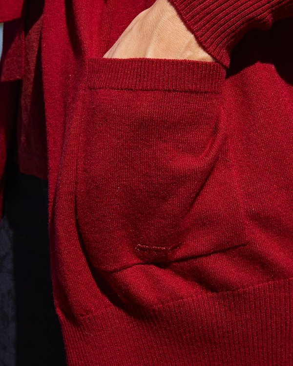 Cardigan ouvert long uni à manches longues Mérinos et coton rouge Cardigan ouvert long uni à manches longues Mérinos et coton rouge
