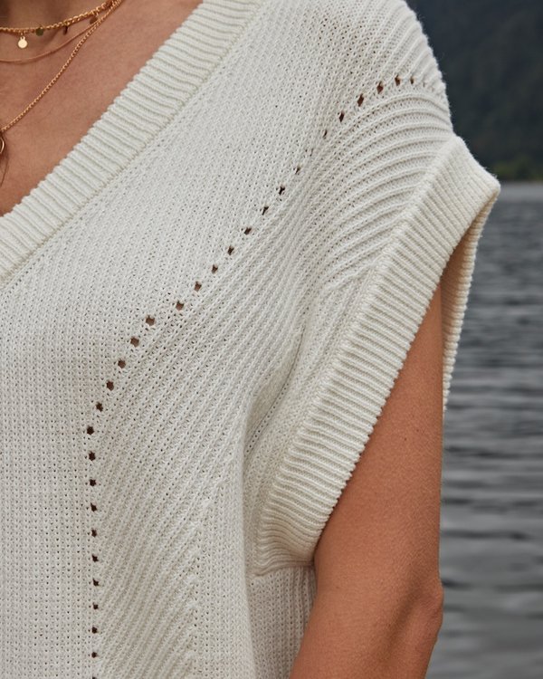 Pull col V uni sans manches coton et cachemire blanc Pull col V uni sans manches coton et cachemire blanc