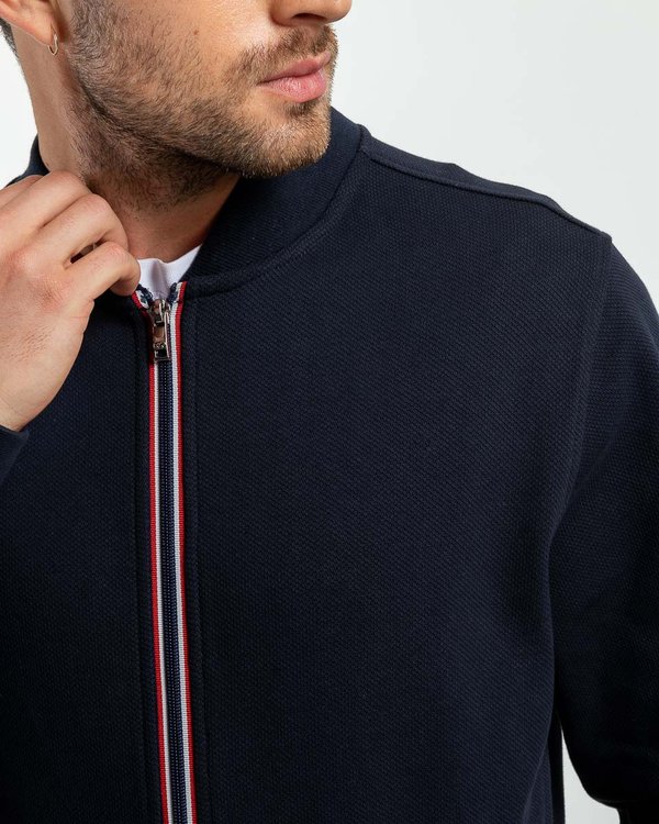 Sweat uni col teddy zip tricolore en coton bleu