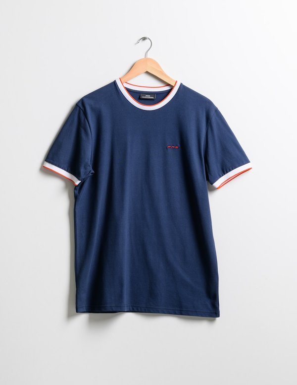 T-shirt uni col et manches contraste en coton bleu