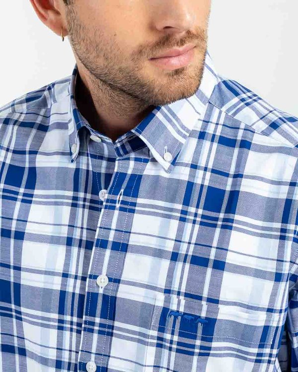 Chemise à carreaux manches longues 100% coton bleu