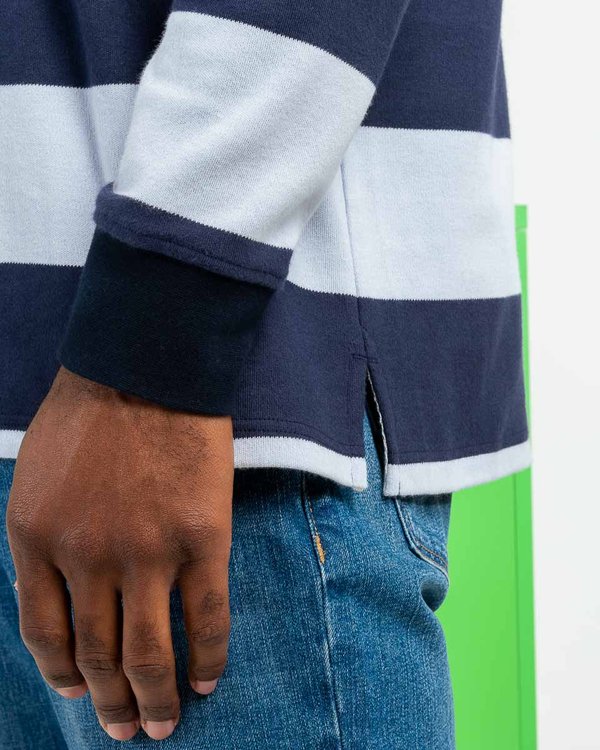Sweat rayé col polo style rugby en coton bleu