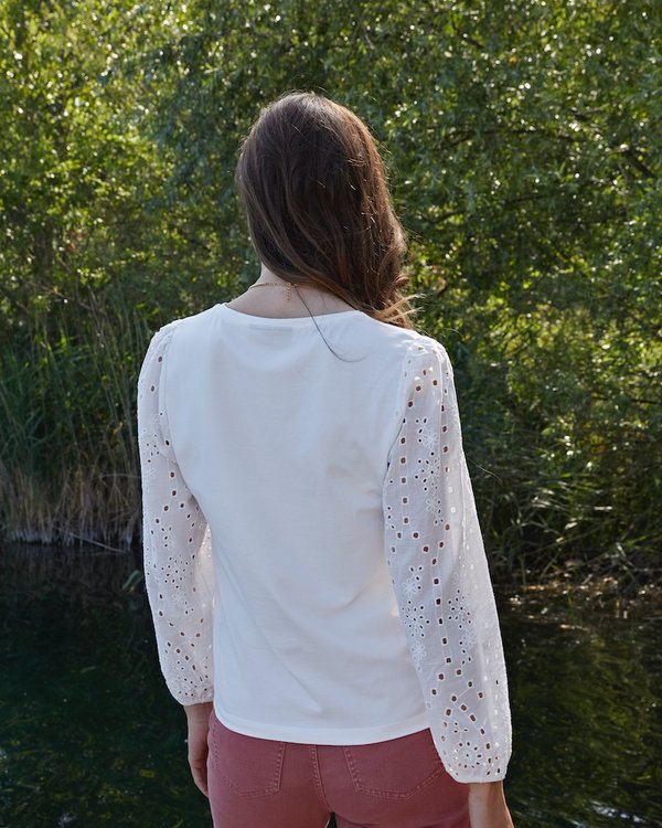 T-shirt uni manches manches longues broderie anglaise blanc T-shirt uni manches manches longues broderie anglaise blanc