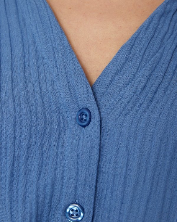 Robe chemise unie en gaze de coton bleu