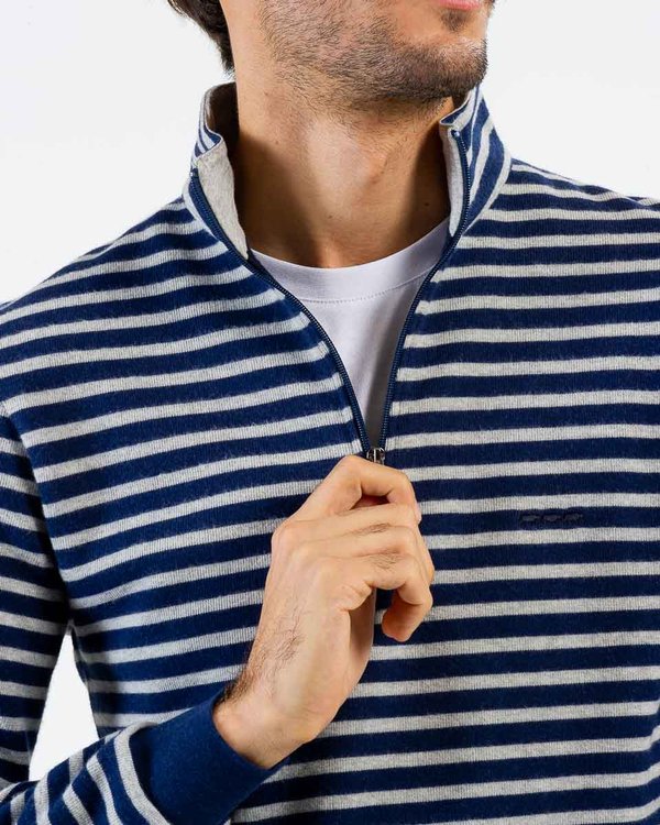 Sweat rayé bicolore manches longues en coton bleu