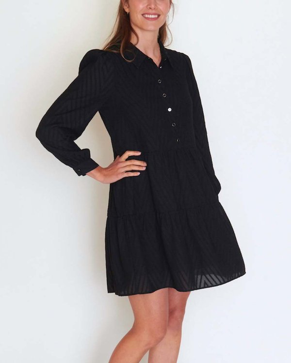 Robe plumetis chevrons unis col chemise noir Robe plumetis chevrons unis col chemise noir