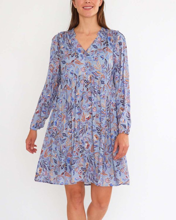 Robe courte évasée imprimée col V en viscose bleu Robe courte évasée imprimée col V en viscose bleu