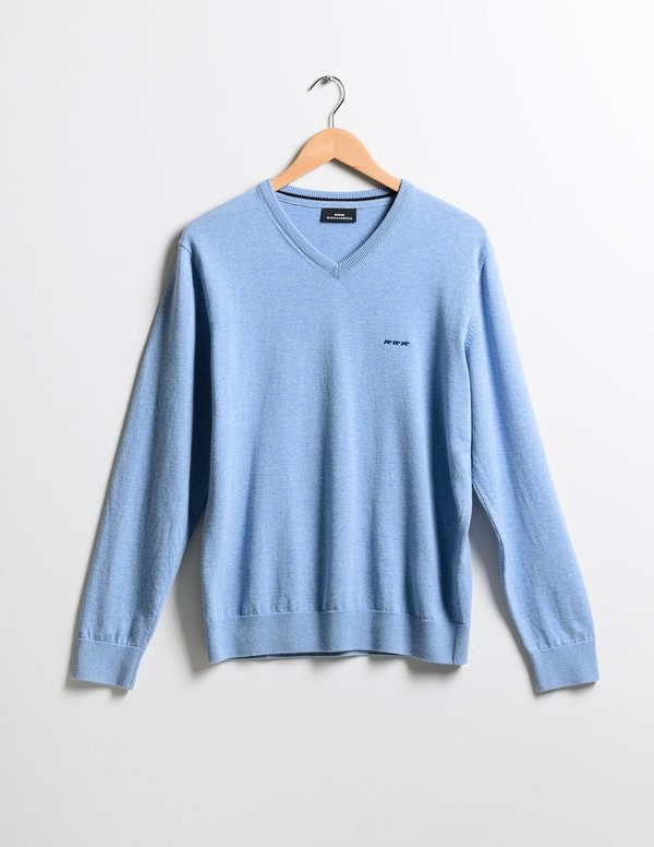 Pull uni Charlie col V en coton certifié Oeko-Tex bleu